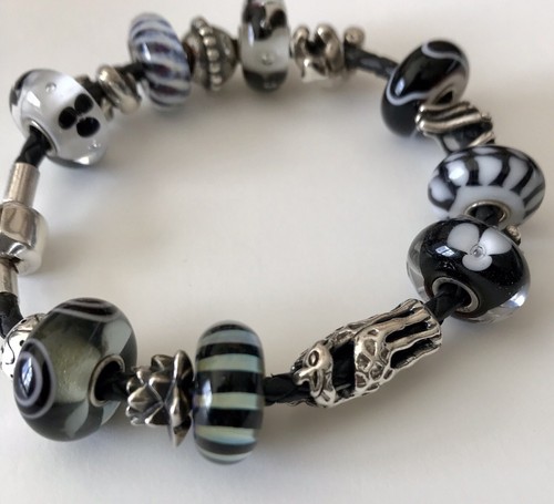 Authentic Trollbeads Glass/Silver, Black Leather Bracelet, Used Great Condition