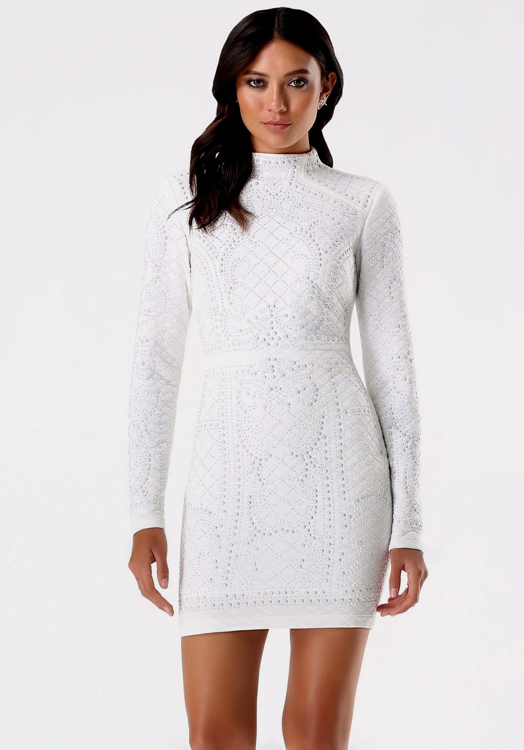 Pre-owned Bebe Ivory White Bead Stud Embellished Quilted Irridescent Top Dress S Small