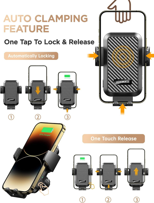 Wireless Car Charger, Phone Holders, 15W Auto Clamping Phone Mount Car Accessori