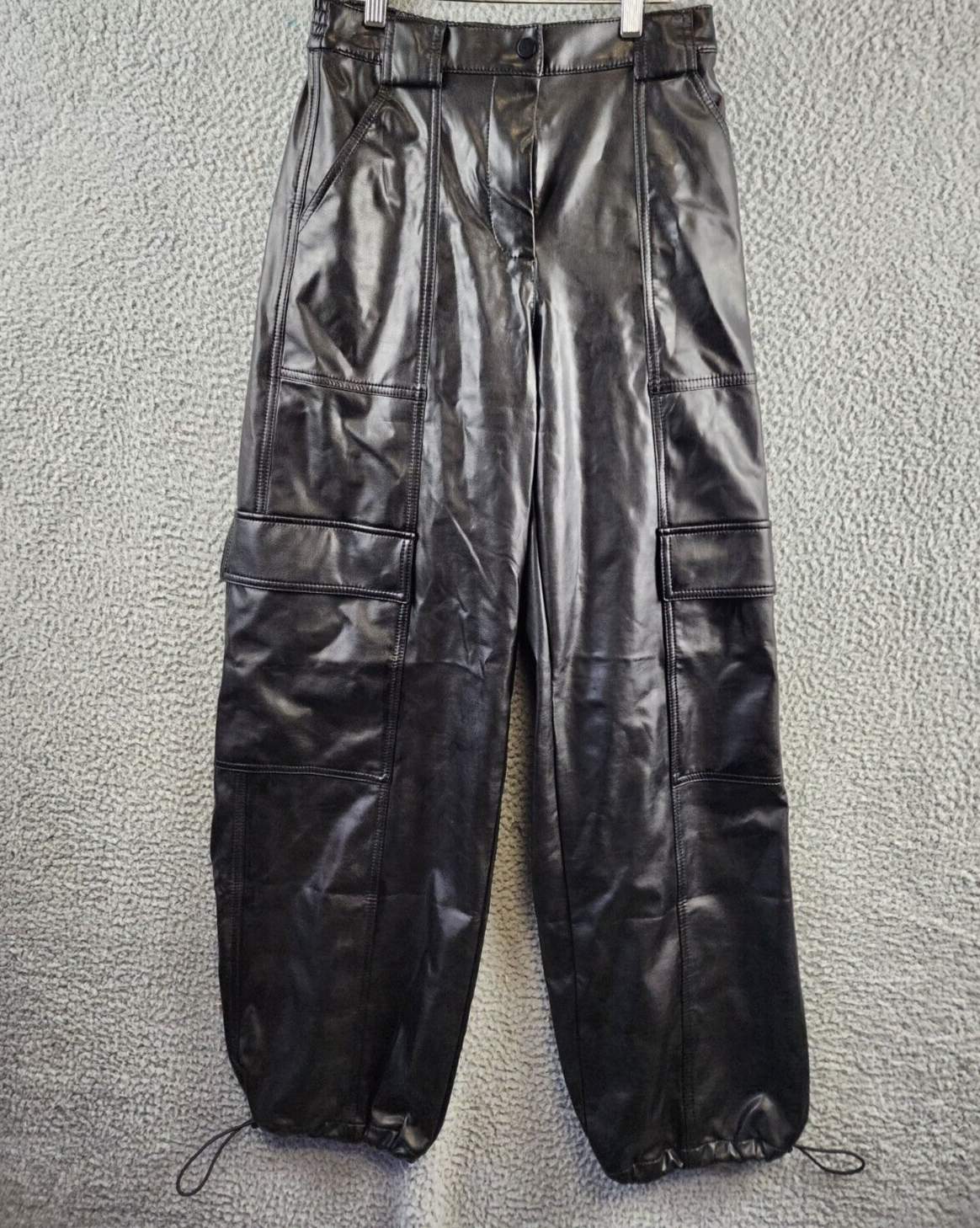 SIMKHAI Sofia Vegan Leather Cargo Pants Women's 2 Black Elastic Waist Snap Zip - Picture 2 of 13
