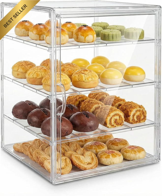 4-Tier Acrylic Pastry Display Case (40X30X25 Cm) - Adjustable Clear Bread Box wi
