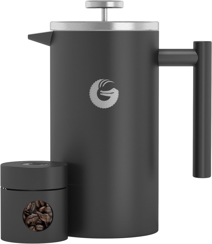 French Press Coffee Maker - Thermal Insulated Brewer plus Travel Jar - Large Cap