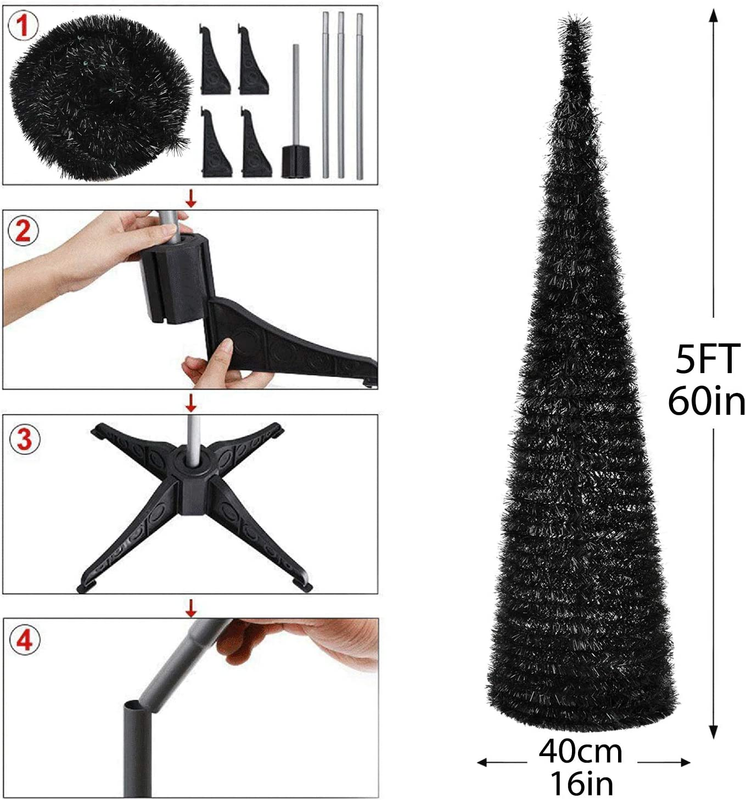 5' Slim Black Tinsel Pop-Up Tree - Collapsible Pencil Halloween Christmas Tree