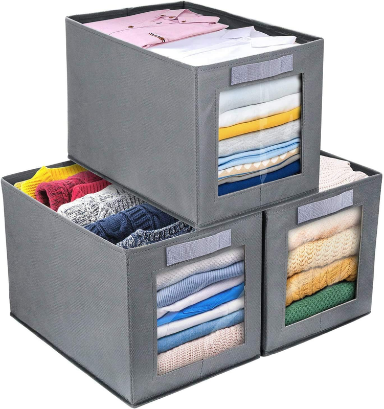 Foldable Wardrobe Storage Boxes, 3 Pack Fabric Shelf Clothes Organiser Grey