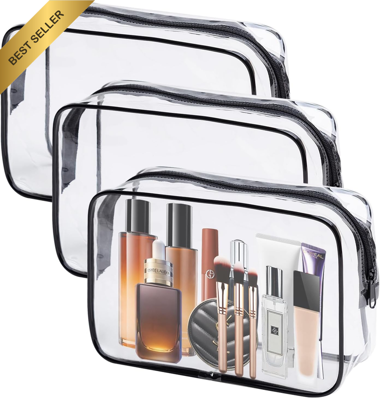 TSA Toiletry Bag -3 Pack Clear Makeup Bag Quart Size Bags,  Travel Makeup Cosmet