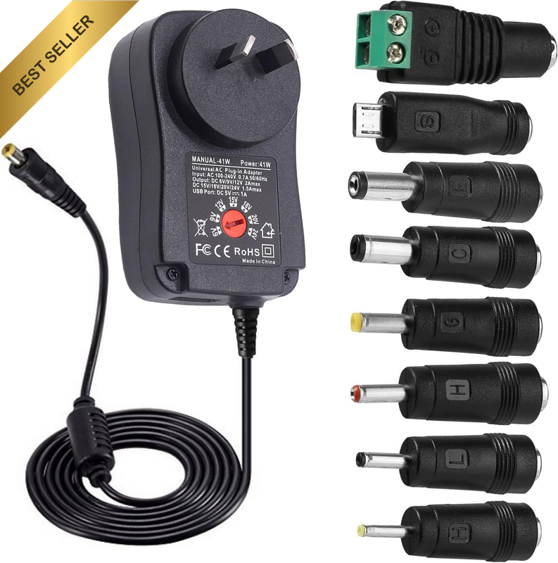 Universal Adapter Power Supply 41W AU 2.1A,100-240V to 6V,9V,12V,15V,18V,24V Adj