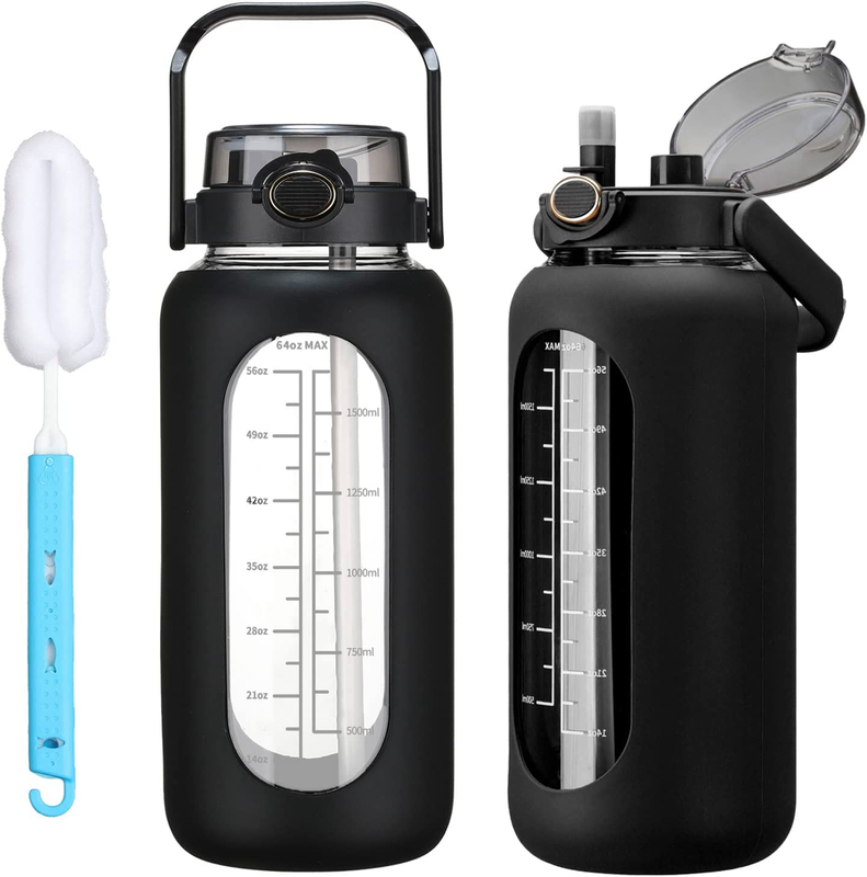 64Oz Glass Water Bolttles with Straw Half Gallon Large Motiv