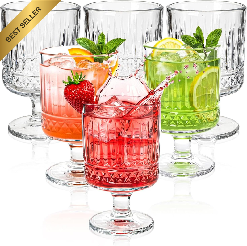 6 Pack Vintage Glass Goblets, Timeless Retro Design, Clear Drink Glasses, for Ic