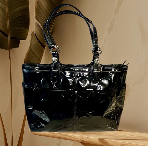 Coach Signature Embossed Black Patent Leather Tote Shoulder