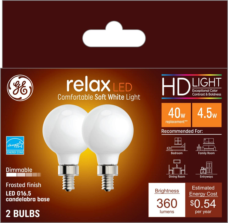 GE Relax LED Light Bulbs, 40 Watt Eqv, Soft White, G16.5 Glo