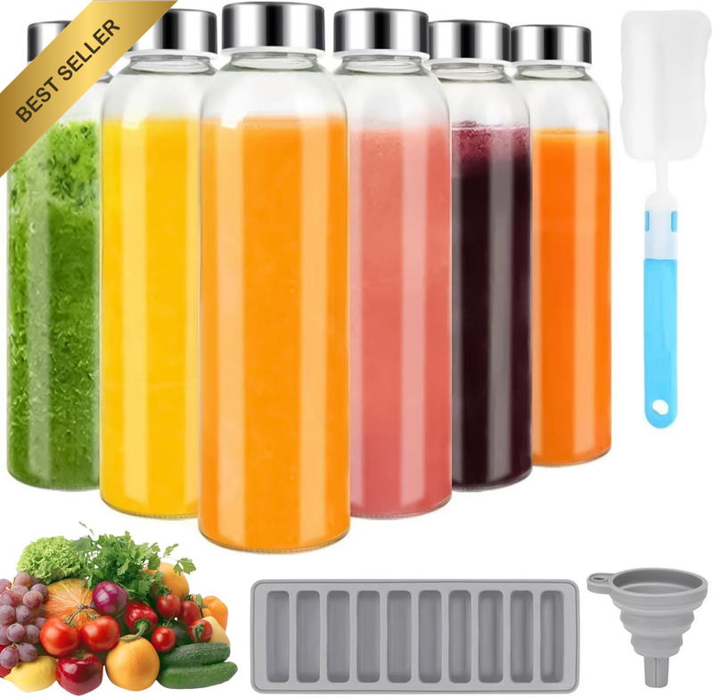 6 Pack 18Oz Glass Water Bottles with Airtight Lids BPA Free Reusable Clear