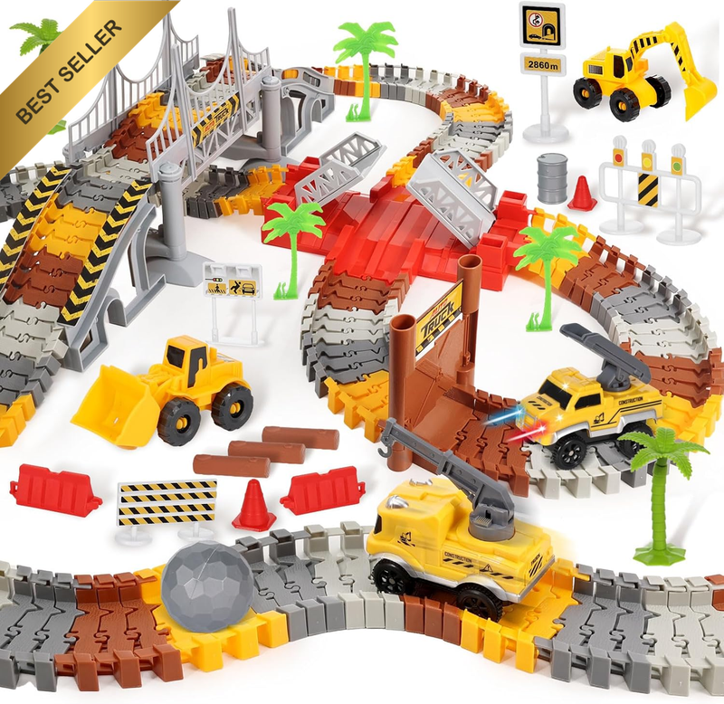 195 PCS Construction Race Track Toy STEM Flexible Track Set with 2 Electric & 3