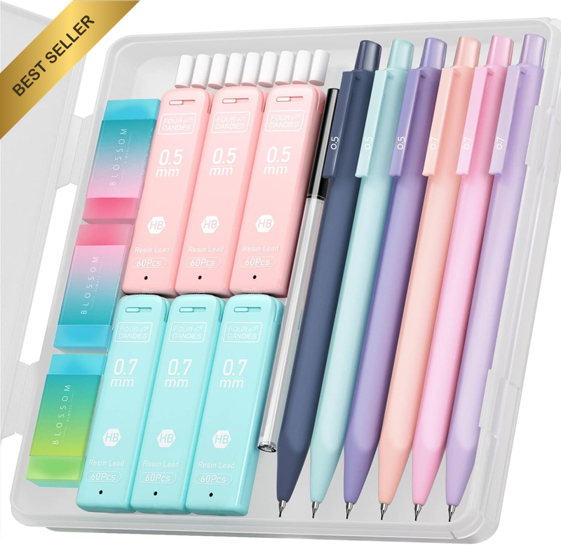 Cute Mechanical Pencil Set, 6PCS Pastel Pencils 0.5Mm & 0.7Mm with 360PCS HB Pen