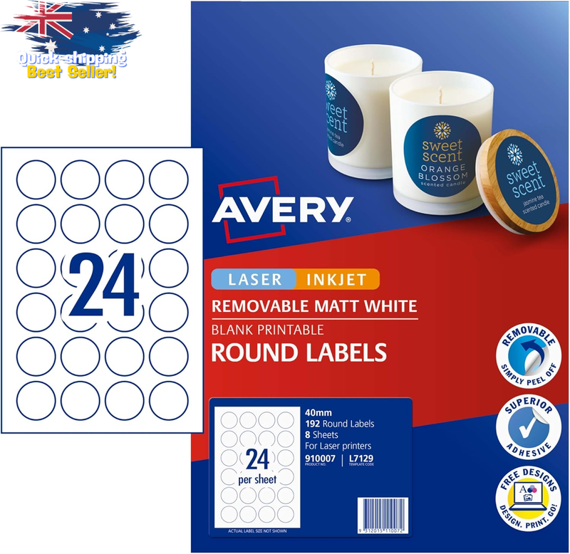 Removable White Labels 40mm, Adhesive Tags, 192 Pack for Home/Office