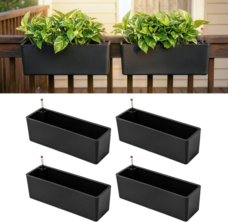 Lalagreen Railing Planter Boxes (16 Inch, 4 Pack) Black Rectangular Plastic Wind