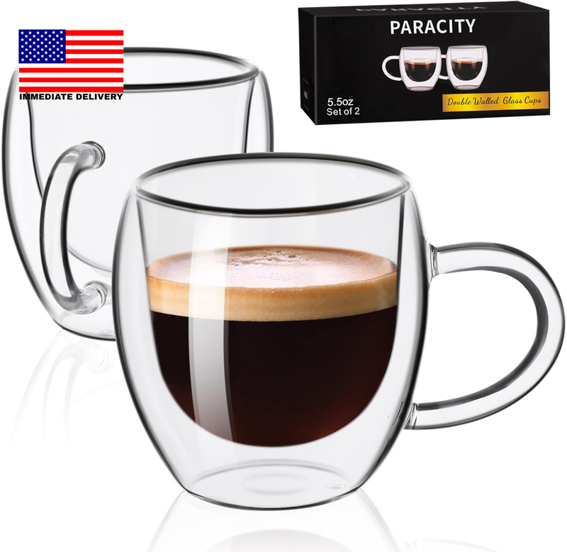 Espresso Cups Set of 2, Double Wall Insulated Glass Coffee M