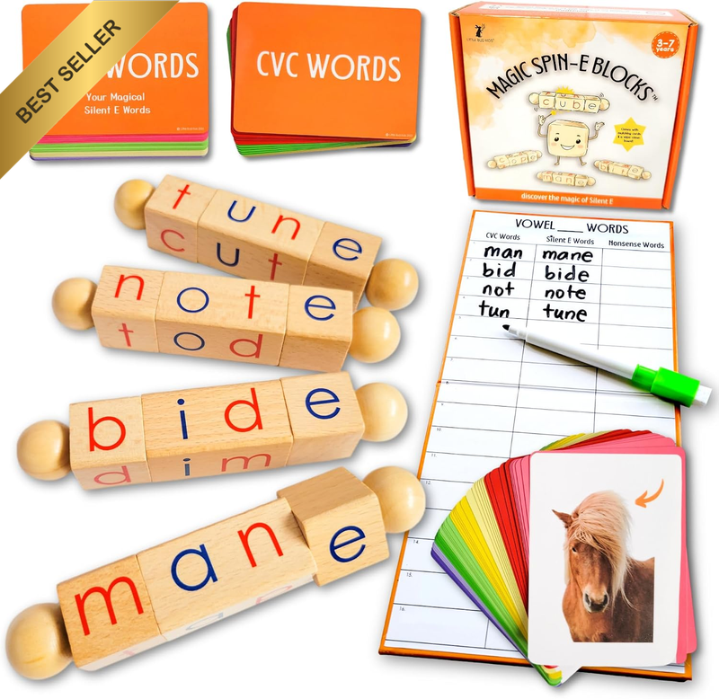 Magic Spin-E Blocks - a Silent E Phonics Toy & Montessori Cvce Reading Blocks fo