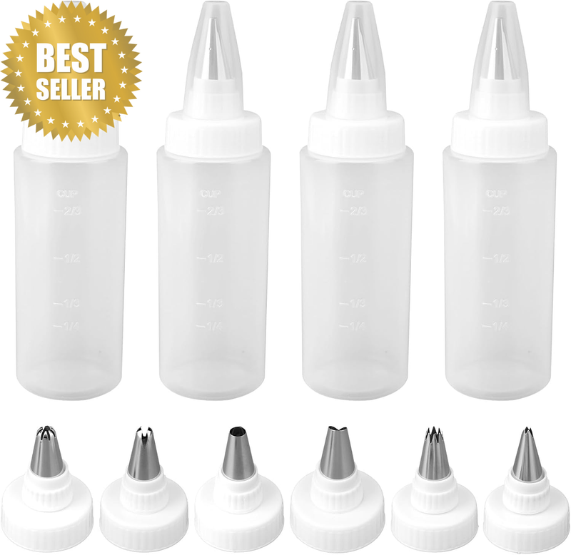 4Pcs Squeeze Bottles for Cookie Decorating, with 6 Different Piping Tips Piping