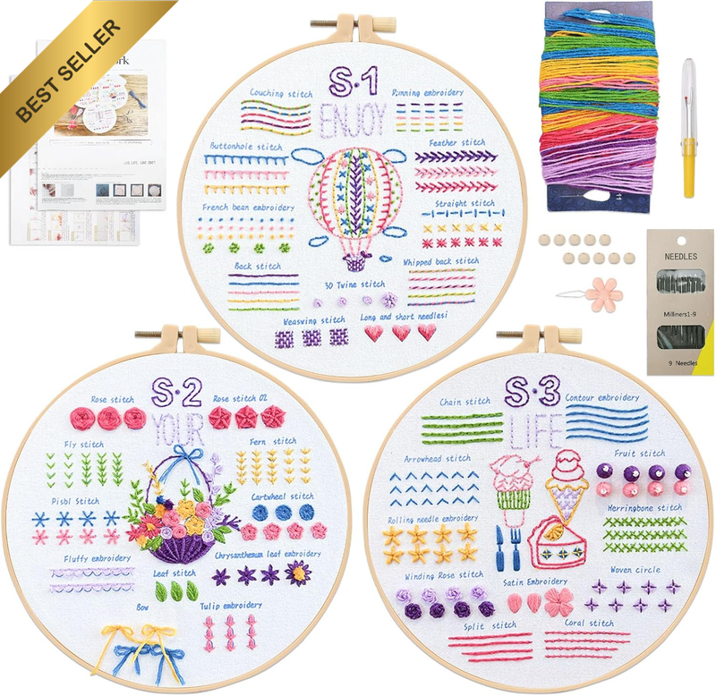 3 Sets Embroidery Kit for Beginners with 3 Hoops, 33 Different Stitches with Pat