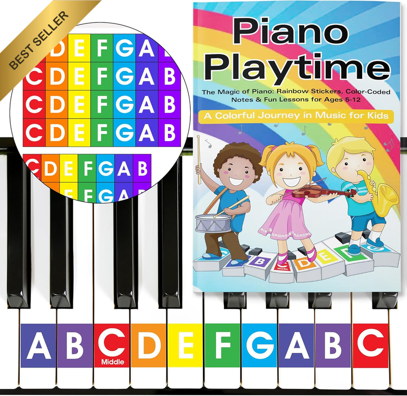 Rainbow Color Piano and Keyboard Sticker and Kids Piano Learning Book Easy to Fo