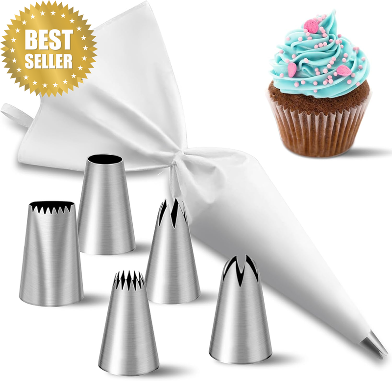Silicone Piping Bag Set, 6 Pieces, Stainless Steel Piping Nozzles, Stars, Roses,