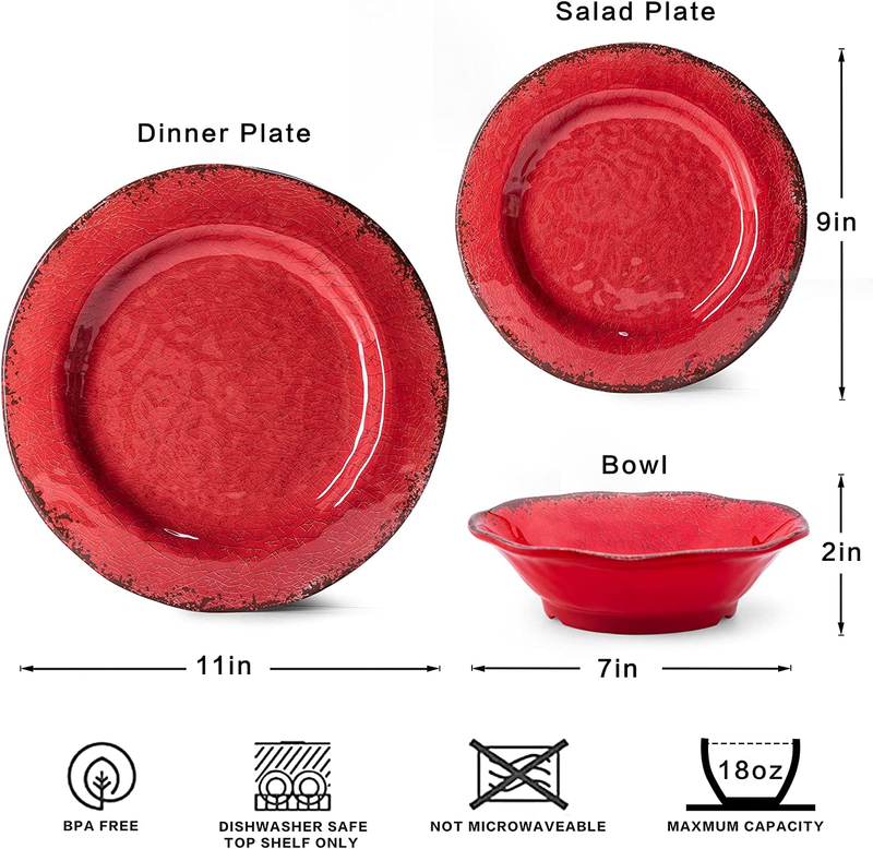Farmhouse Plates and Bowls Set 12 Piece Melamine Dinnerware Sets for 4 Red