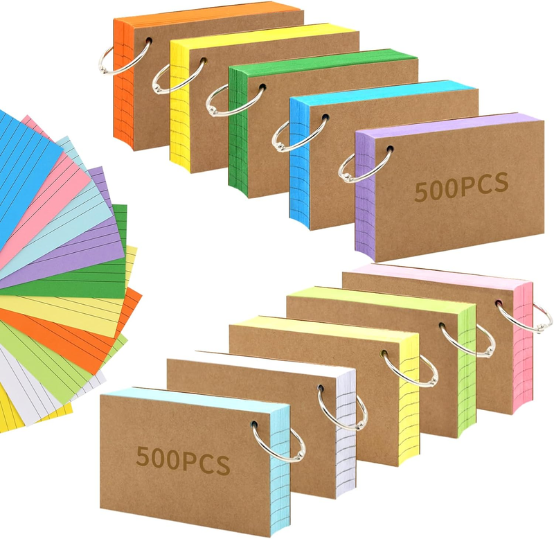 1000 PCS Index Cards 3X5 Colored Flash Cards Ring Punched Lined Flashcards Ruled