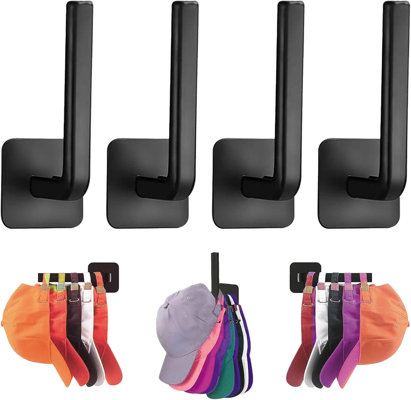4 Pcs Wall Hooks for Hats, No Drill Wall Cap Rack for Baseball Caps (Black) | Du