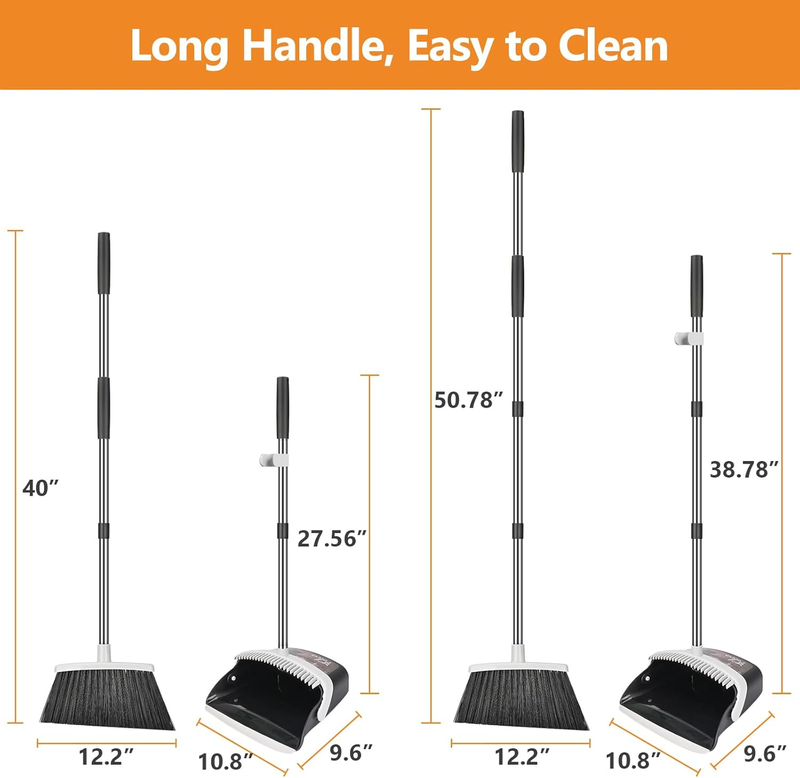 Broom and Dustpan Set, Dust Pan and Broom with Long Handle Heavy Duty Broom Dust