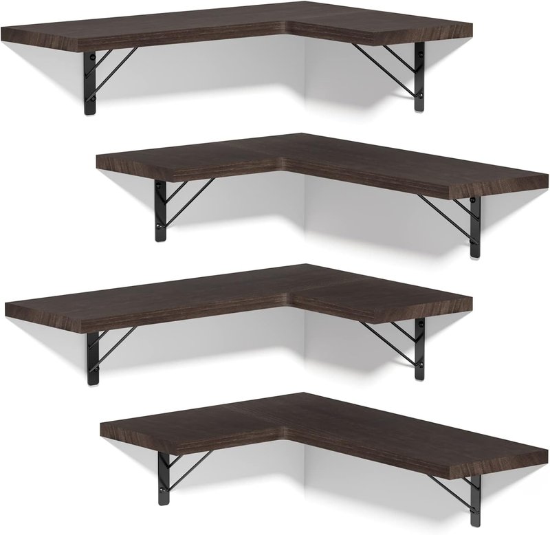 Corner Shelf Wall Mounted,Floating Wall Shelves for Storage,Rustic Wood Hanging Shelves for Display,Bedroom Bathroom Living Room Kitchen,Set of 4, Dark Brown