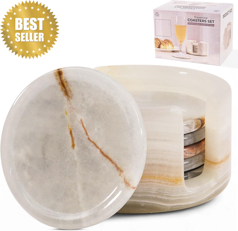 Marble Coasters Set of 6 White Onyx 3.5 Inch round Stone Coaster for Drinks with