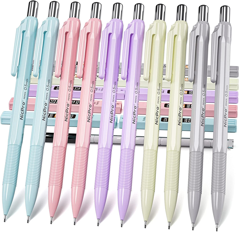 Nicpro 10 Pack 0.5 Mm Mechanical Pencil Bulk Set with Case, Cute Candy Pastel Ar