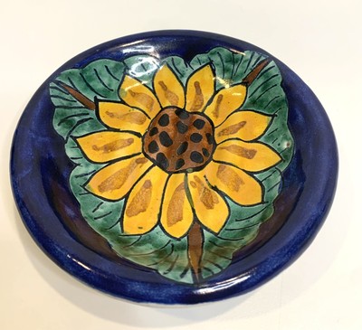 M. Mora Mexico Pottery Sunflower Soap Dish Trinket Dish FALL Painted Glazed Flaw