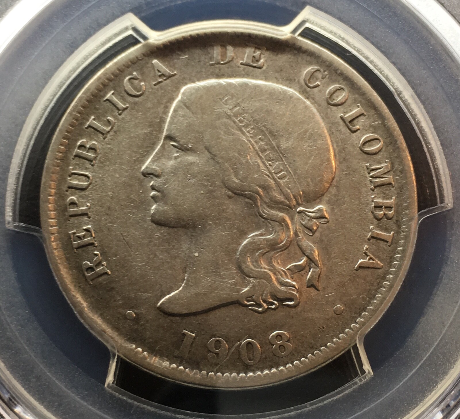 SILVER REALES 50 CENTAVOS BOGOTA (Colombia) YEAR : 1908 NGC XF-45!!