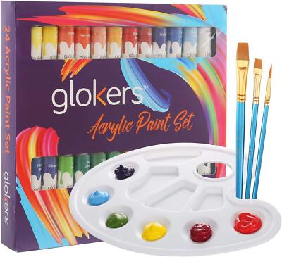 nWT Glokers 24-Color Acrylic Paint Set Plus Brushes and Palette. GAPSWBP00