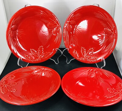 Lenox Rustic Berry Red 9'' Pinecone & Holly Salad Plates ~ Set of 4!