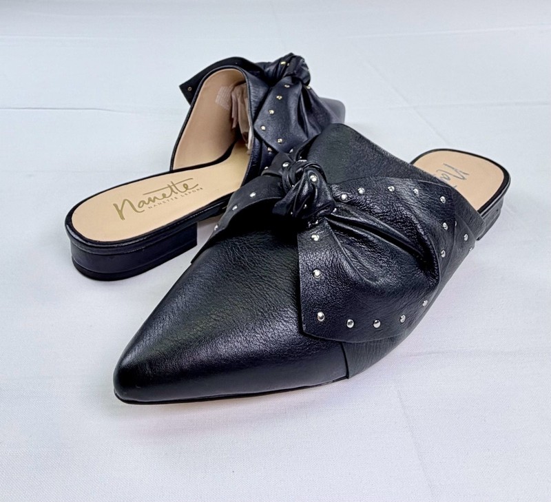 Nanette Lepore Amy Mules Size 9M Black Leather Studded Bow Flats