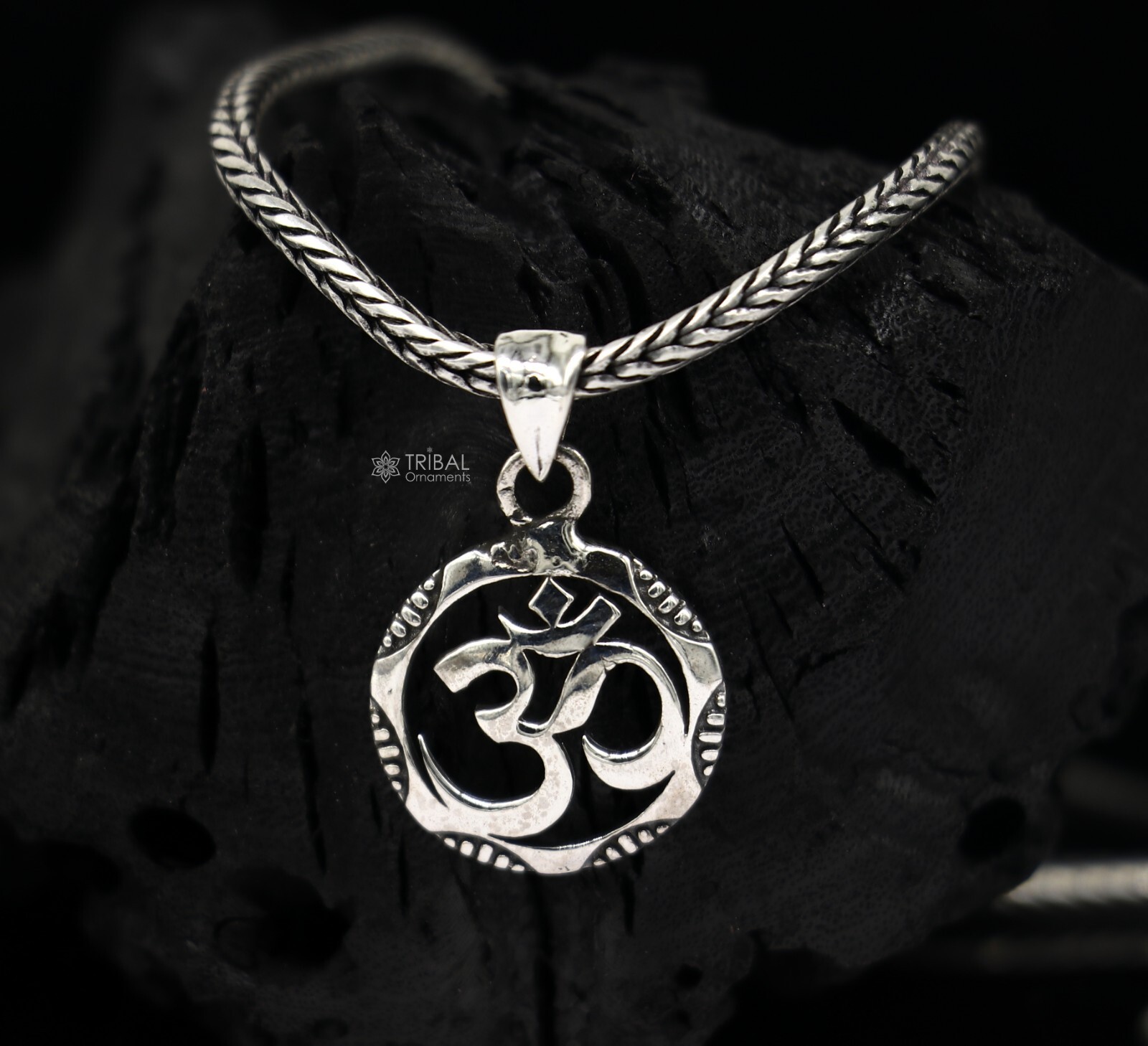 925 pure silver AUM OR OM mantra pendant , wheat chain