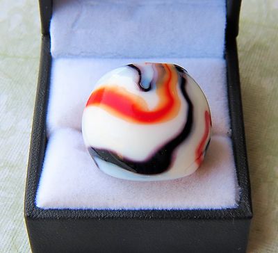 Unique Bohemia Blown Glass Bling Ring Orange & Black Swirl on White Size 6 - 10
