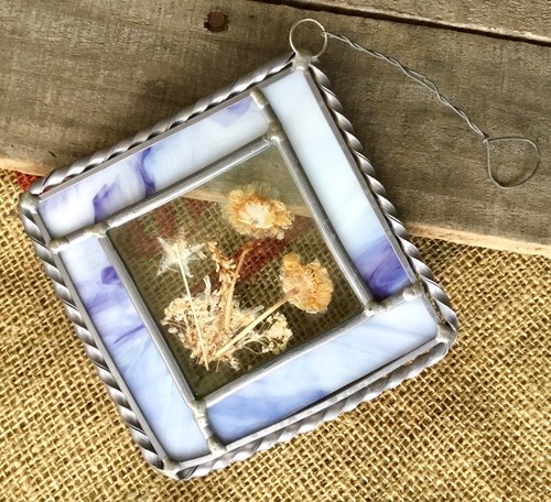 VTG Lead Stained Glass Dried Flower Sun Catcher Hang Purple Handmade Bevel 7