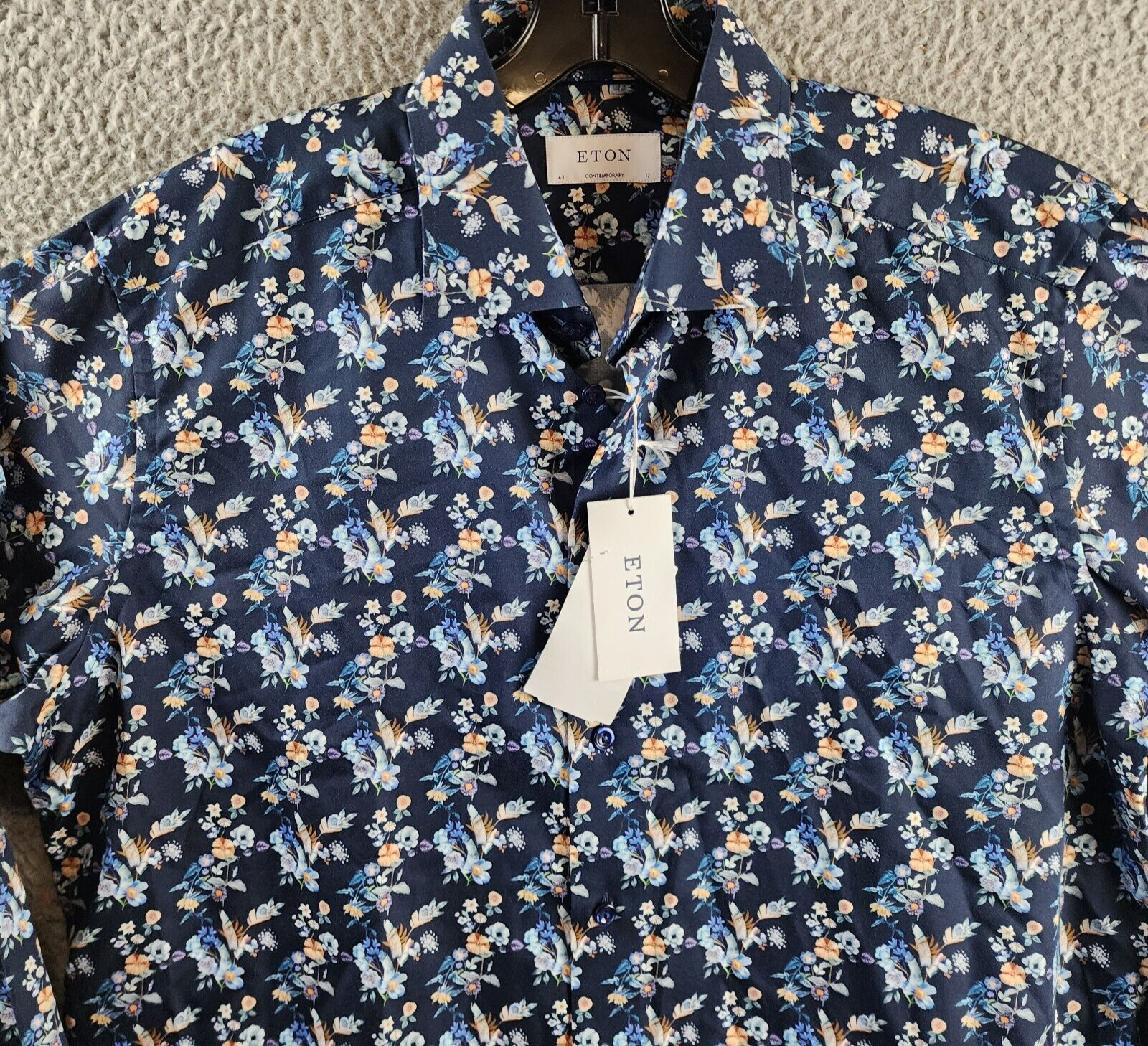 Eton Contemporary Fit Floral Print Dress Shirt Mens 43 17 Navy Multi Long Sleeve - Picture 4 of 14