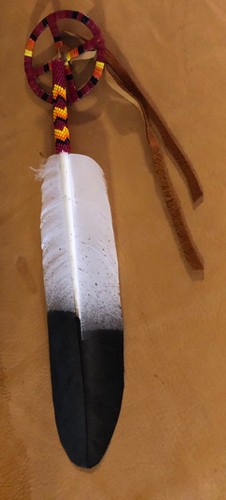 Beautiful New Lakota Beaded Imitation Eagle Feather With Quilled Medicine Wheel