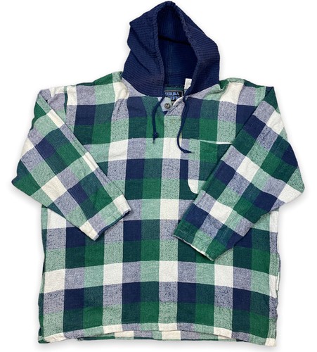 Vtg 90s Hooded Flannel Shirt Plaid L Surf Baja Grunge Surfer