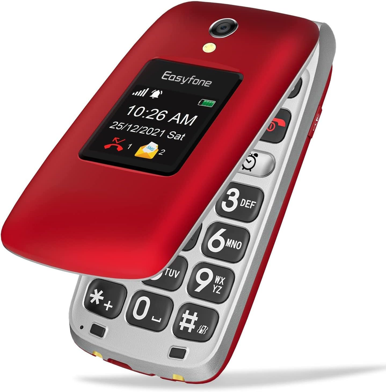 Easyfone Prime-A1 Pro 4G LTE Sim-Free Flip Mobile Phone for Seniors, 2.4'' HD Display, Large Fonts, Clear Sound, SOS Button, 1500Mah Battery with a Charging Dock (Red)
