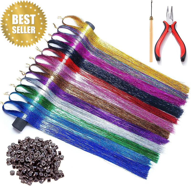 Hair Tinsel with Tool Kit 12 Colors 2400 Strands,35 Inches Hair Extension Access
