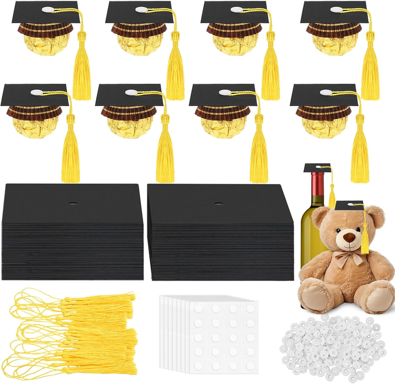 120 Graduation Cap Cupcake Toppers Mini Black Hat Gold Tassel Party Decorations