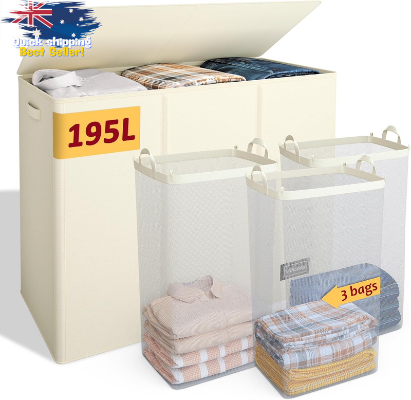 195L 3-Section Laundry Hamper with Lid, Collapsible Organizer, Beige