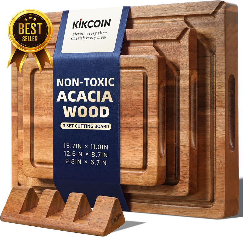 Food Safe Acacia Wood Cutting Board Set, Reversible Tray