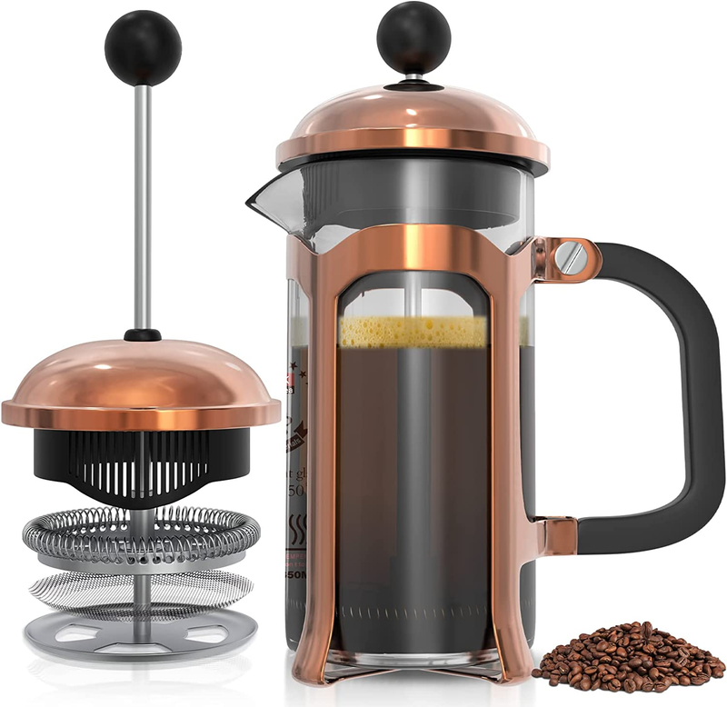 Coffee Maker, Stainless Steel Small French Press Glass 4 Level Filtration System
