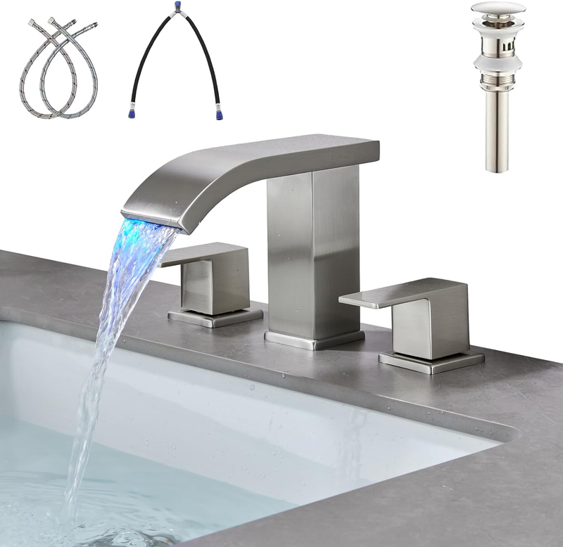 LED Light Widespread Bathroom Faucets for Sink 3 Hole Waterfall -Bathroom Faucet with Pop-Up Drain Assembly, 8 Inch Bathroom Sink Faucet 2-Handles,Modern Lavatory Vanity Faucet